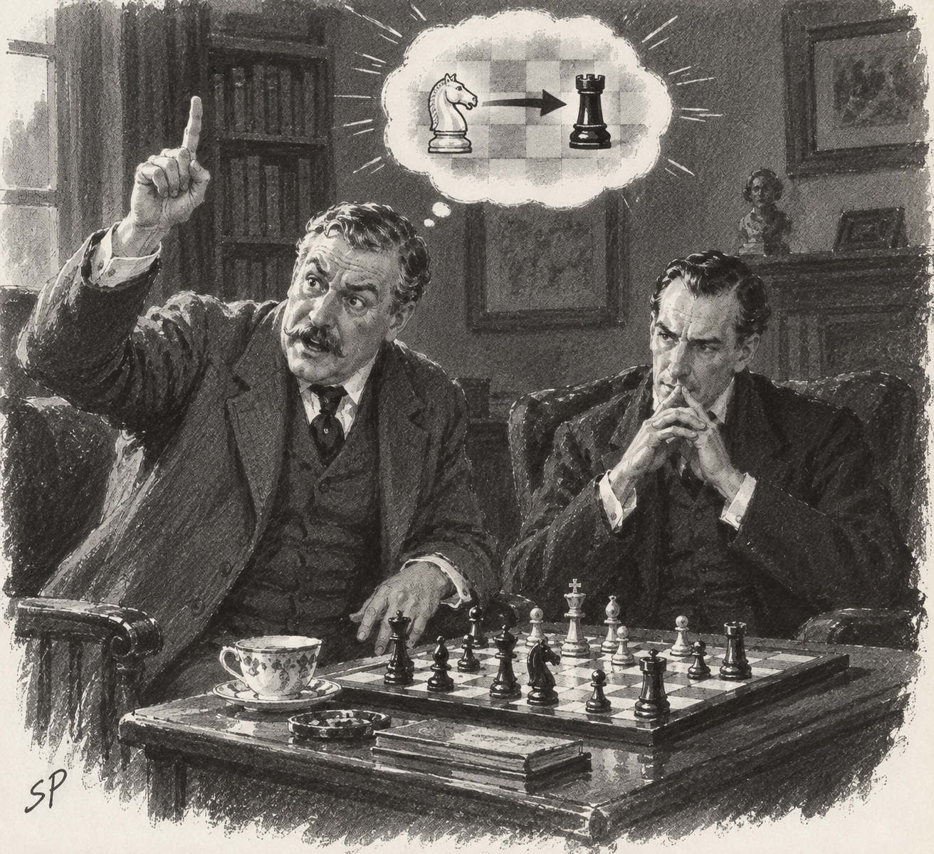 Watson has an inspiration while Holmes considers the chess position